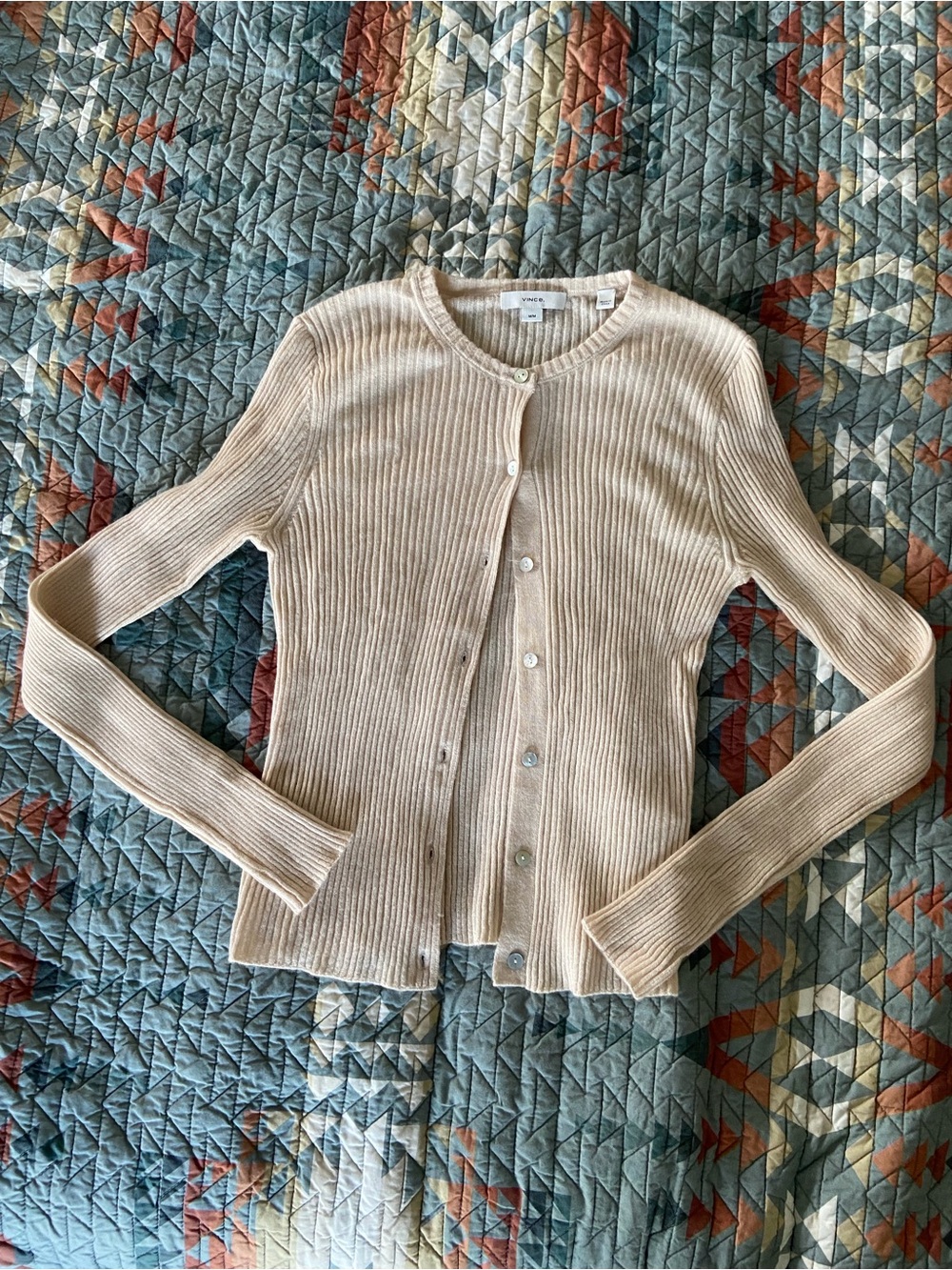 Vince Beige Ribbed Button-Front Cardigan